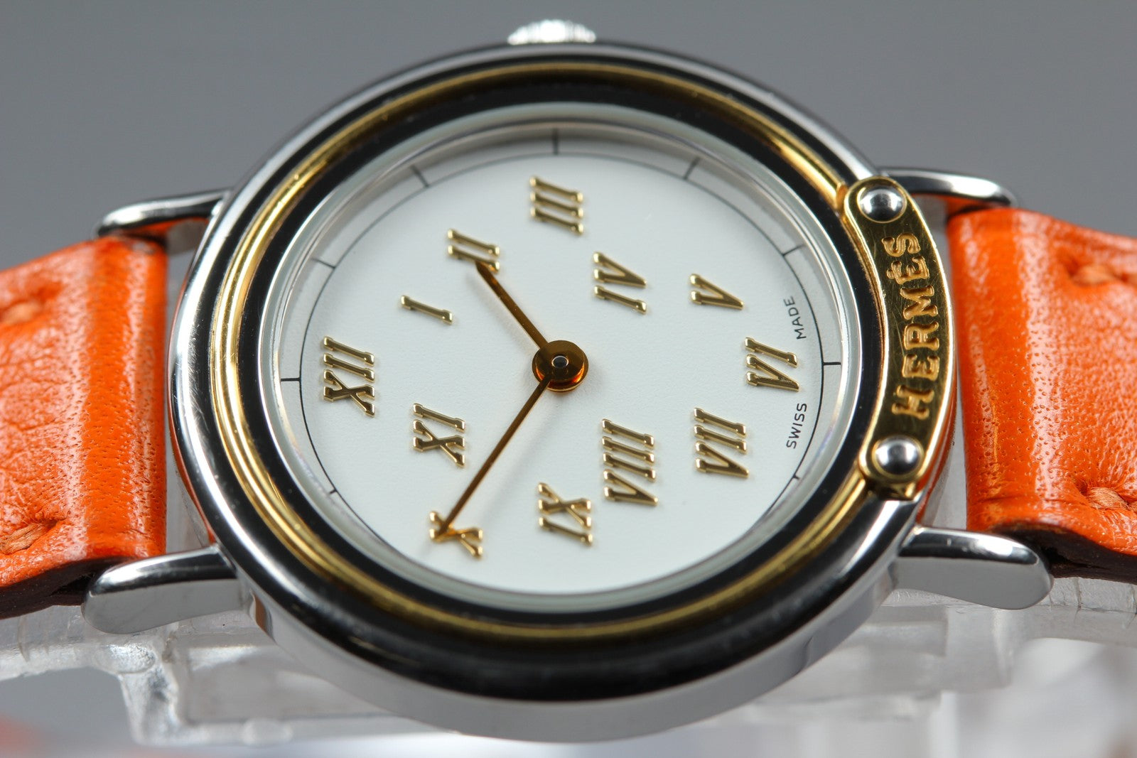 Vintage HERMES Meteor White Dial Orange "E" 24mm Woman's Watch Quartz [w /Box]