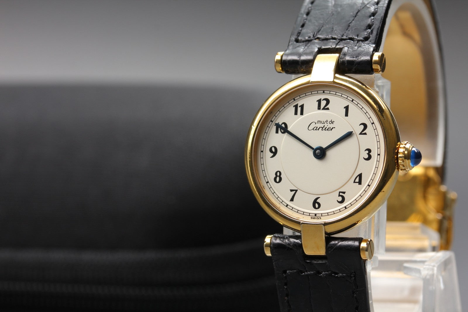 Vintage Cartier Must Vendome Vermeil 590004 Gold Black 24mm Women's Qz Watch