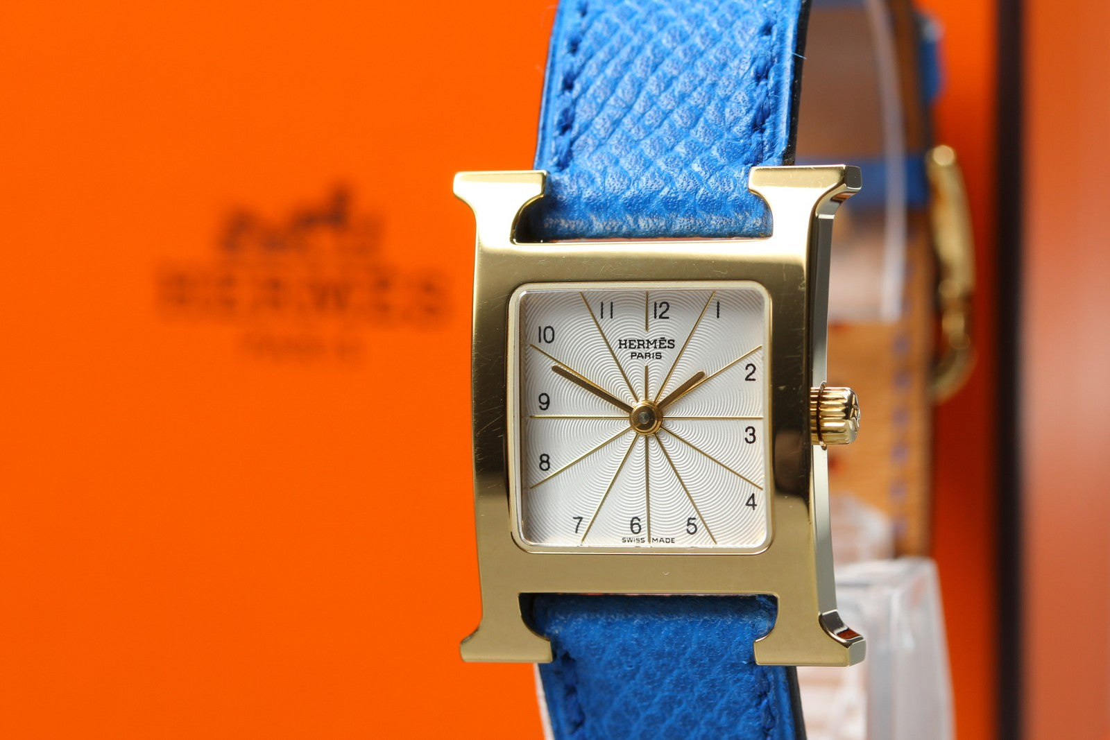 [Overhauled] HERMES H Watch HH1.201 Gold Blue "B" Woman's Watch Quartz Box