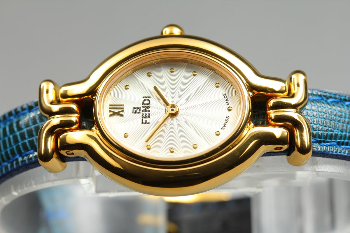 FENDI 640L Chameleon Blue Leather Belt Gold 24mm Women's Quartz Watch Vintage