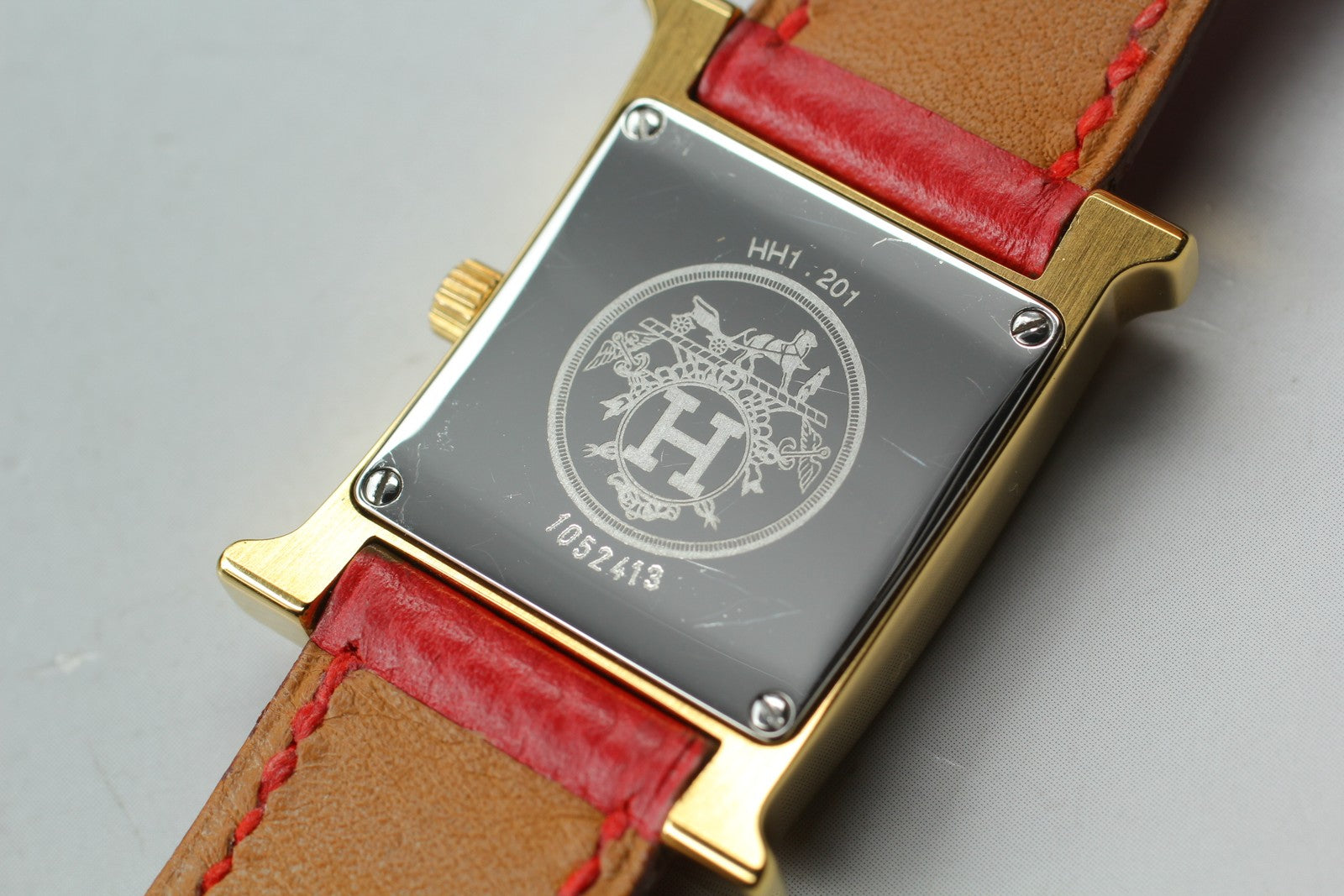 [Exc+5] HERMES H Watch HH1.201 Gold Red "B" 21mm Woman's Watch Quartz From JAPAN