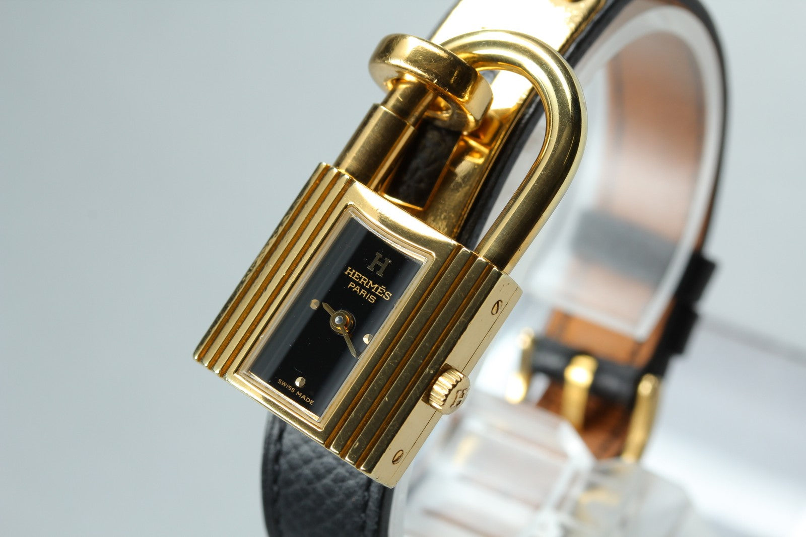 HERMES Kelly Watch Gold Black Leather "A" Woman's Quartz Watch Vintage [Box]