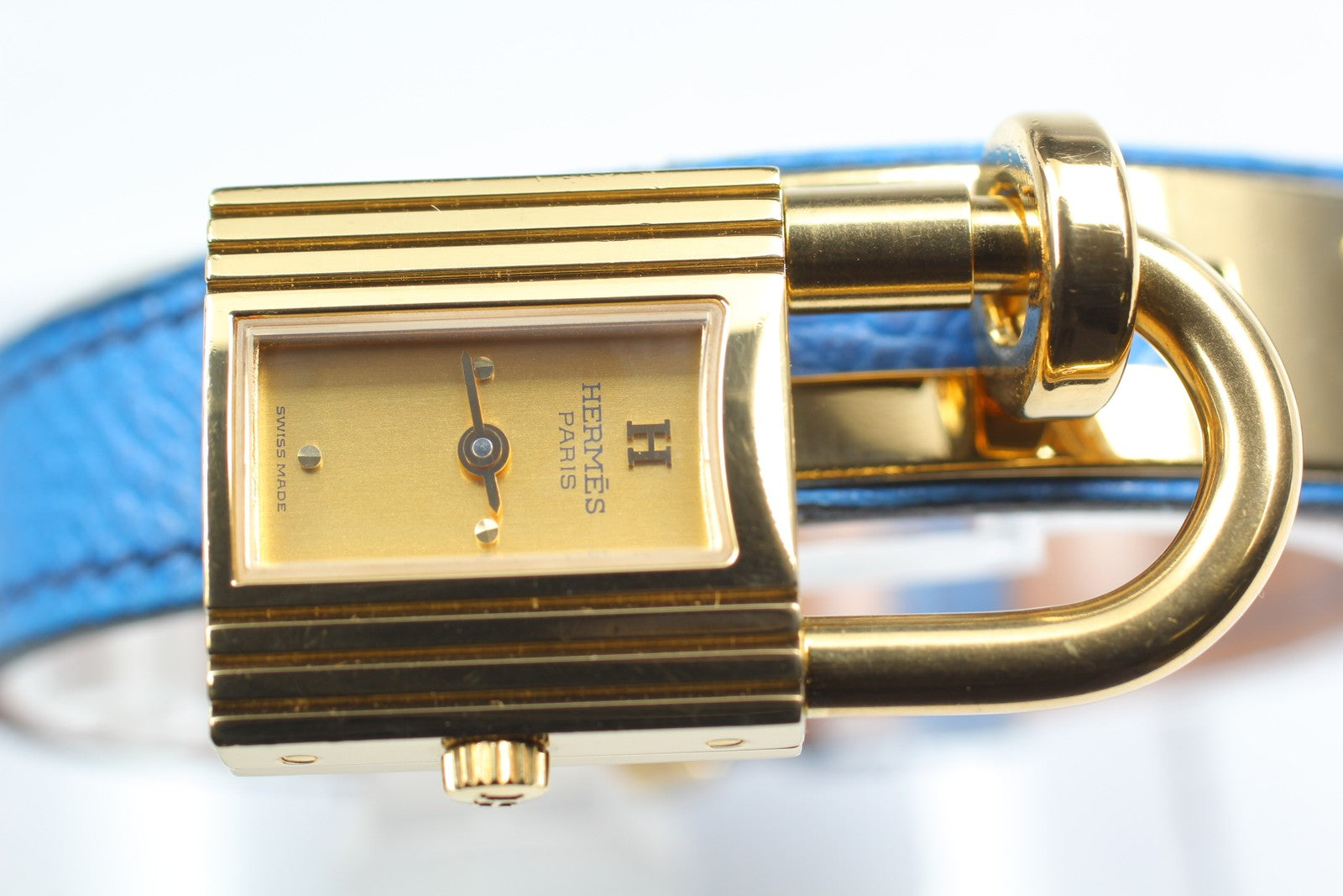 Vintage HERMES Kelly Watch Gold Dial Blue Leather "Y" Womans Watch Quartz [Box]
