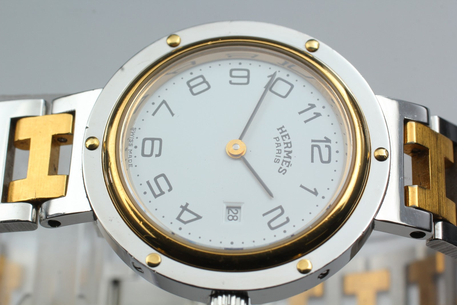 Vintage [Exc+5 Box] Hermes Clipper 30mm White Dial Gold Unisex Watch Quartz