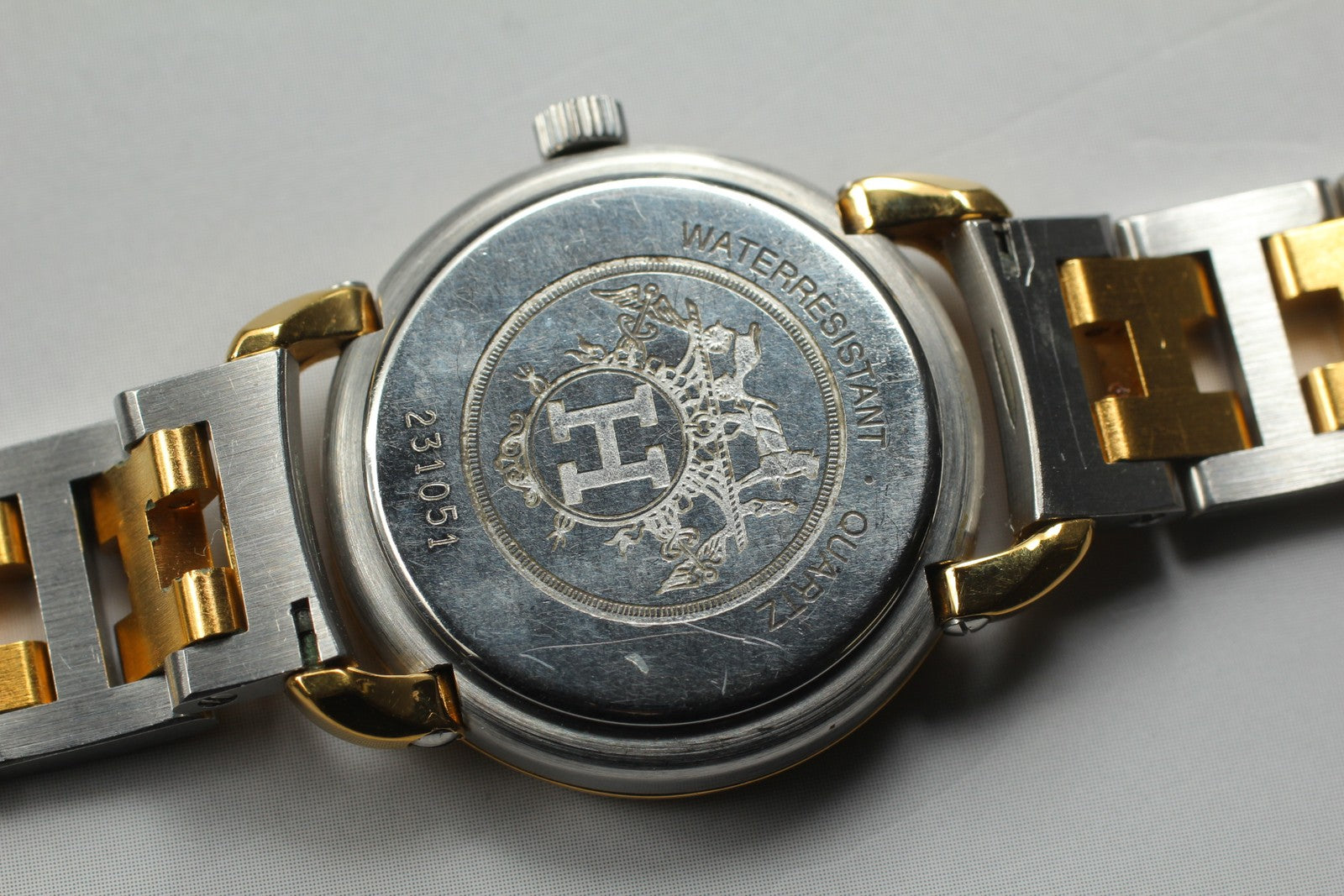 Vintage [Exc+5] Hermes Pullman Gold White Dial 24mm Date Woman's Quartz Watch