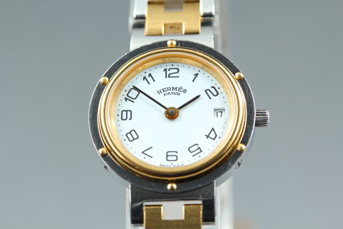 HERMES Clipper White Dial Gold Bracelet 24mm Woman's Quartz Watch Vintage