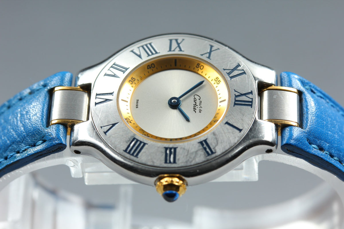 Cartier Must de Cartier 21 1340 Blue Silver 27mm Women's Qz Watch Vintage Pouch