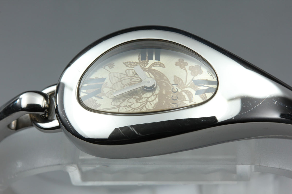 GUCCI 103 Champagne Floral Dial Silver Quartz 21 mm Bangle Women's Watch