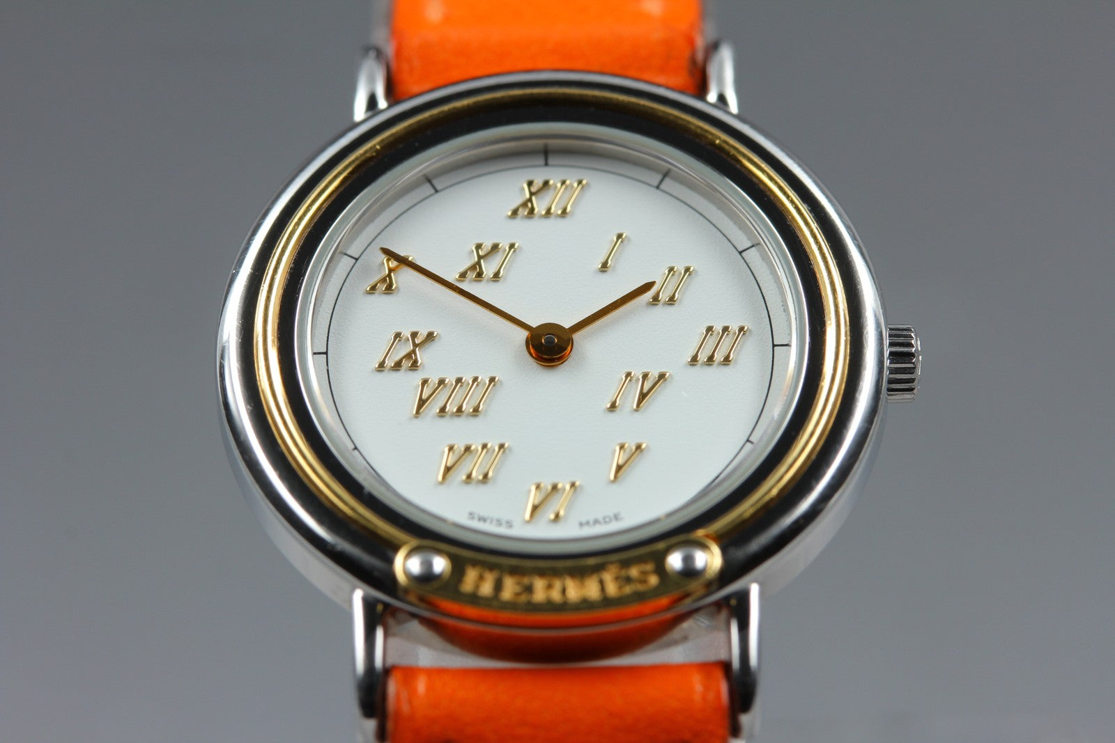 Vintage HERMES Meteor White Dial Orange "E" 24mm Woman's Watch Quartz [w /Box]