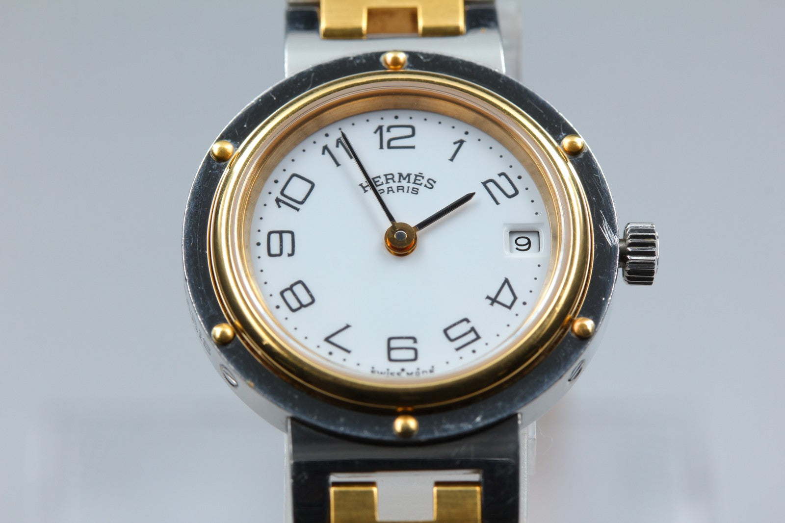 Vintage [Exc+5 Box] Hermes Clipper 24mm White Dial Gold Woman's Watch Quartz