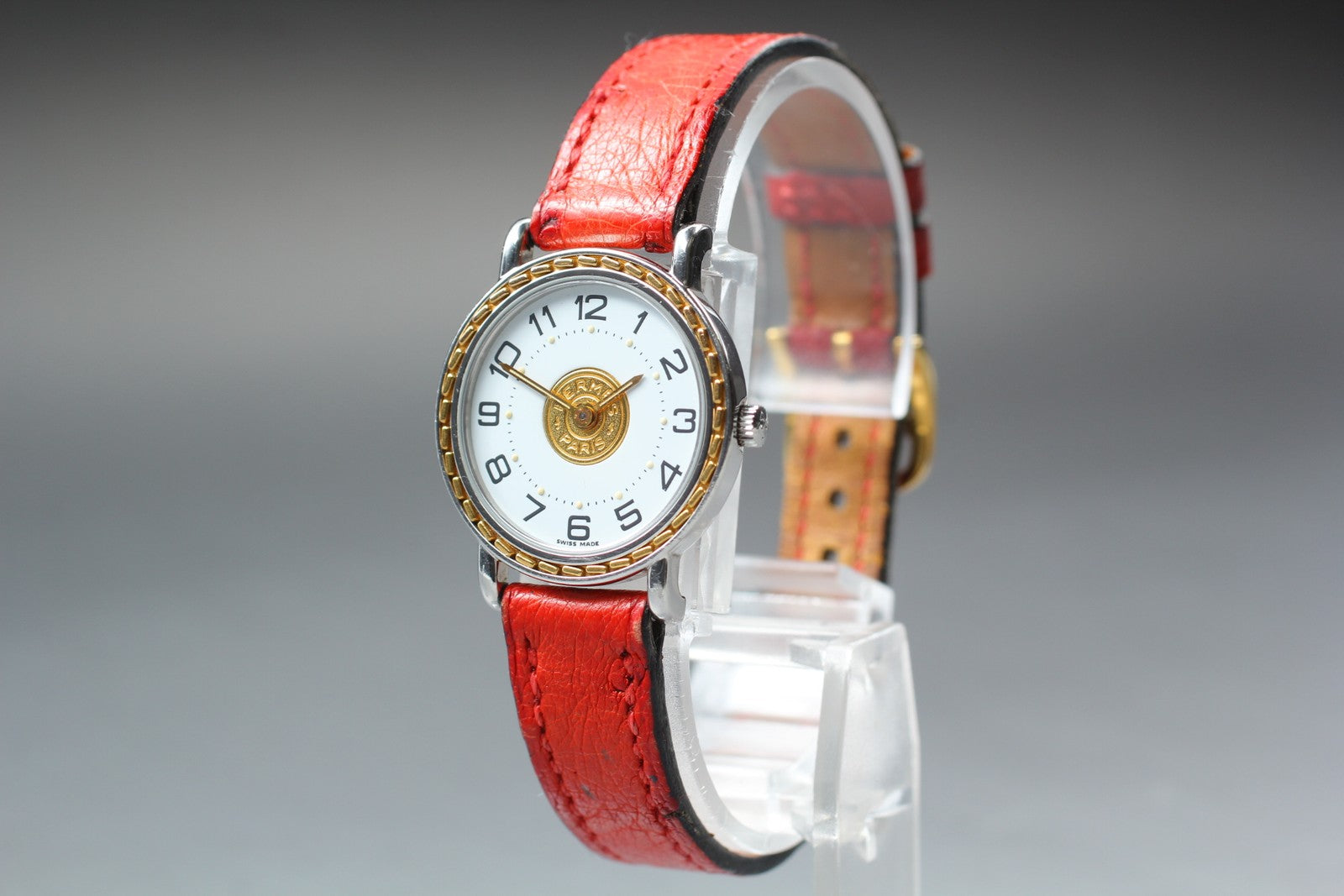 Vintage HERMES Sellier White Dial Red "T" 24mm Woman's Quartz Watch