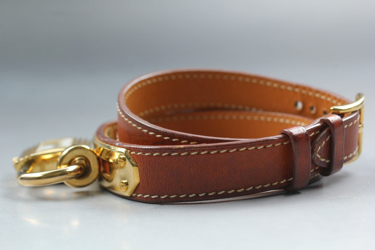 Overhauled [Exc+5 Box] HERMES Kelly Watch Gold Brown "I" Double Woman's Qz Watch