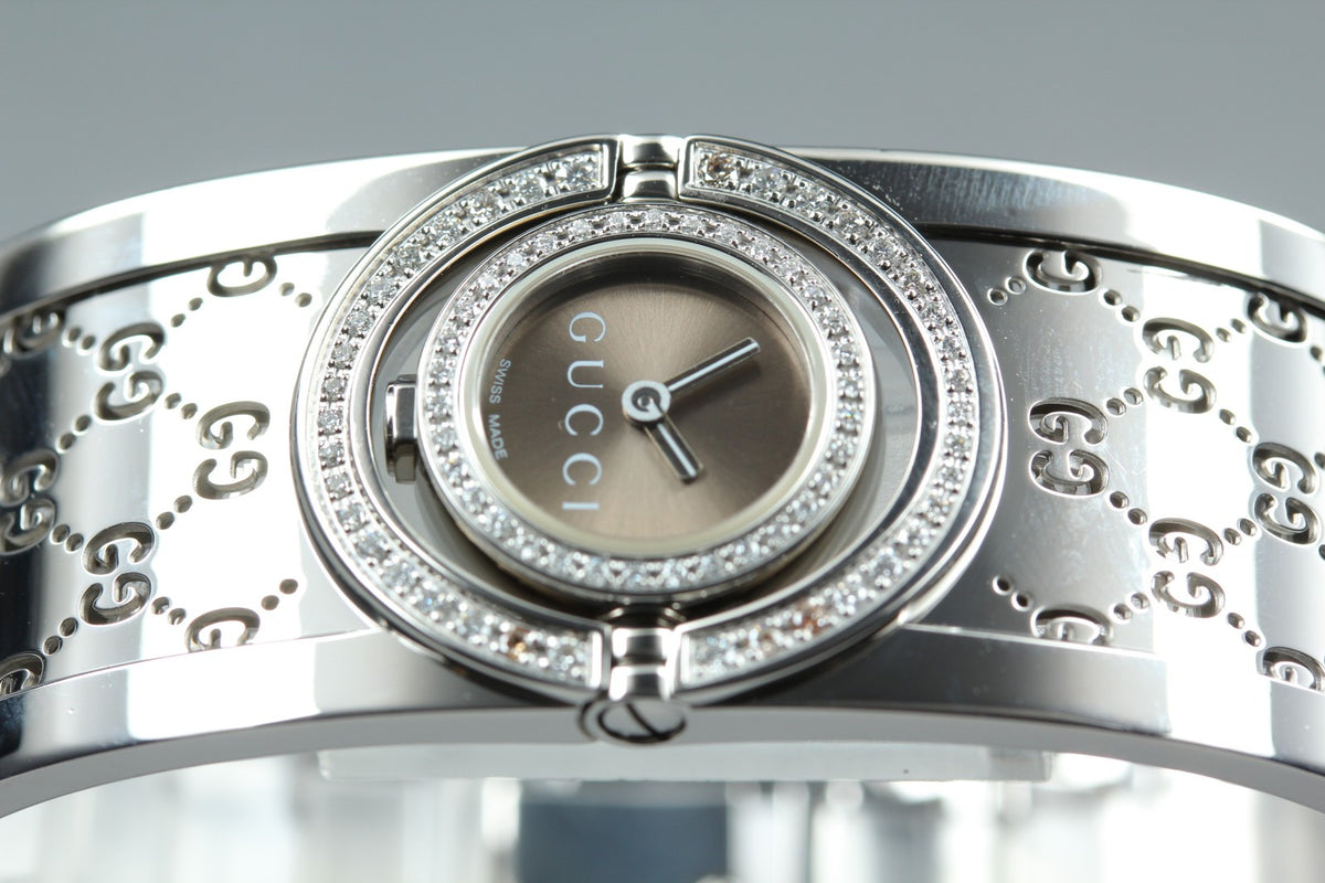 GUCCI 112 Twirl Double Diamond Brown Dial YA112504 23mm Woman's Qz Watch [Box]