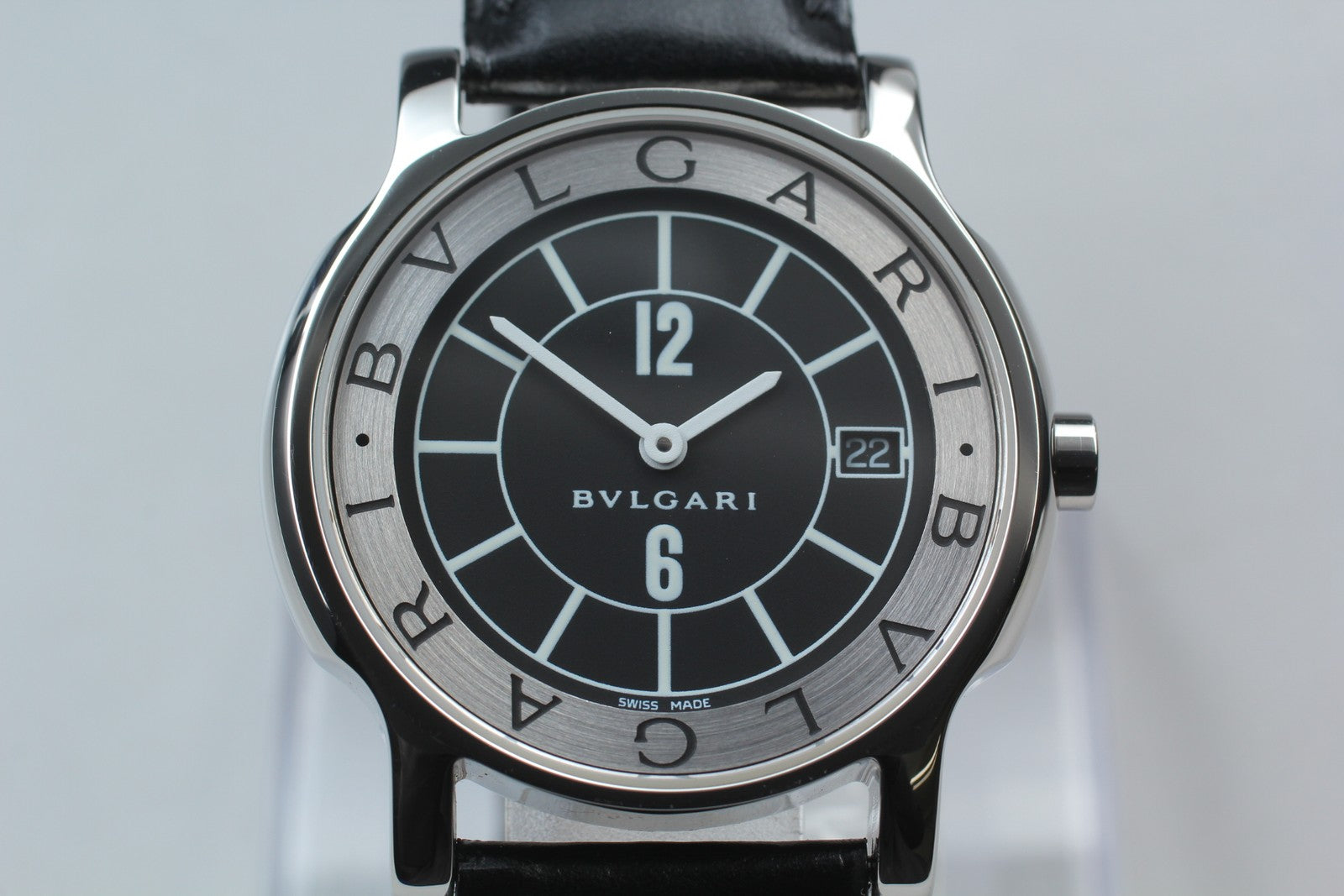 New Batt BVLGARI Solotempo ST35S Quartz Black Dial Date Men's Watch 35mm *N MINT