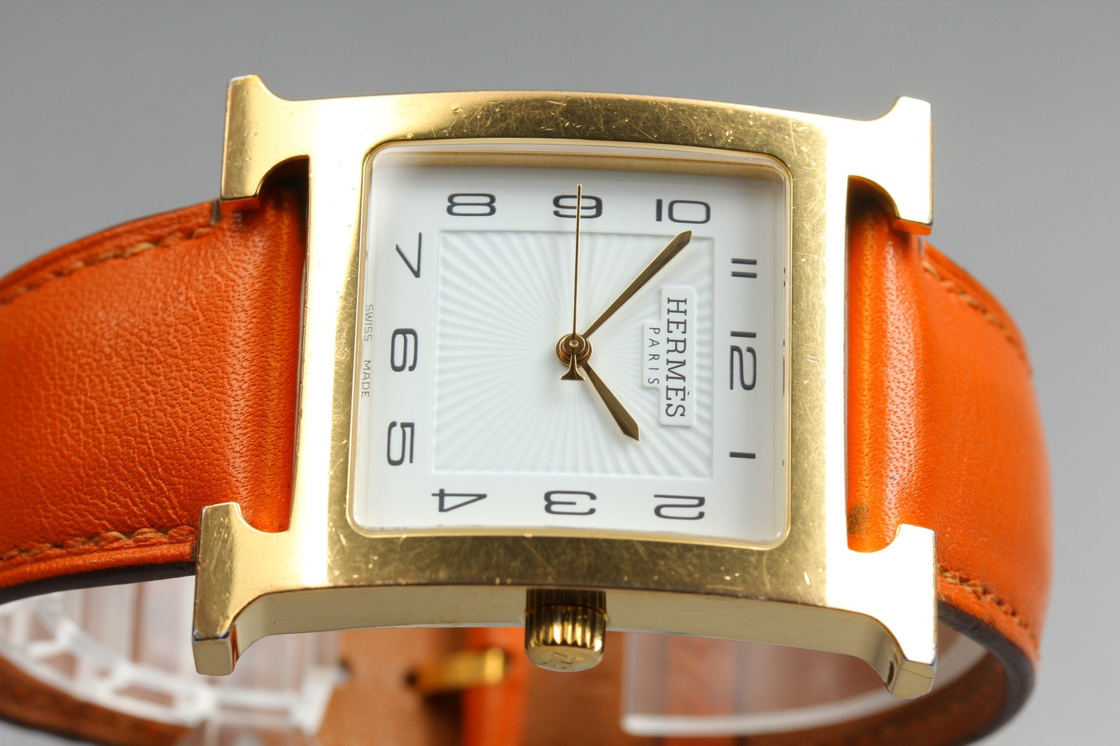 HERMES H Watch HH1.801 White Dial Gold Orange Leather Man's Watch Quartz