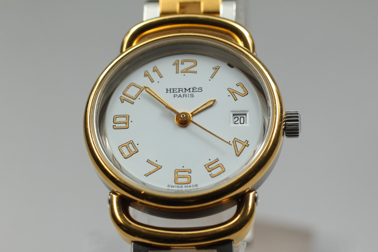 Vintage [Exc+5] Hermes Pullman Gold White Dial 24mm Date Woman's Quartz Watch