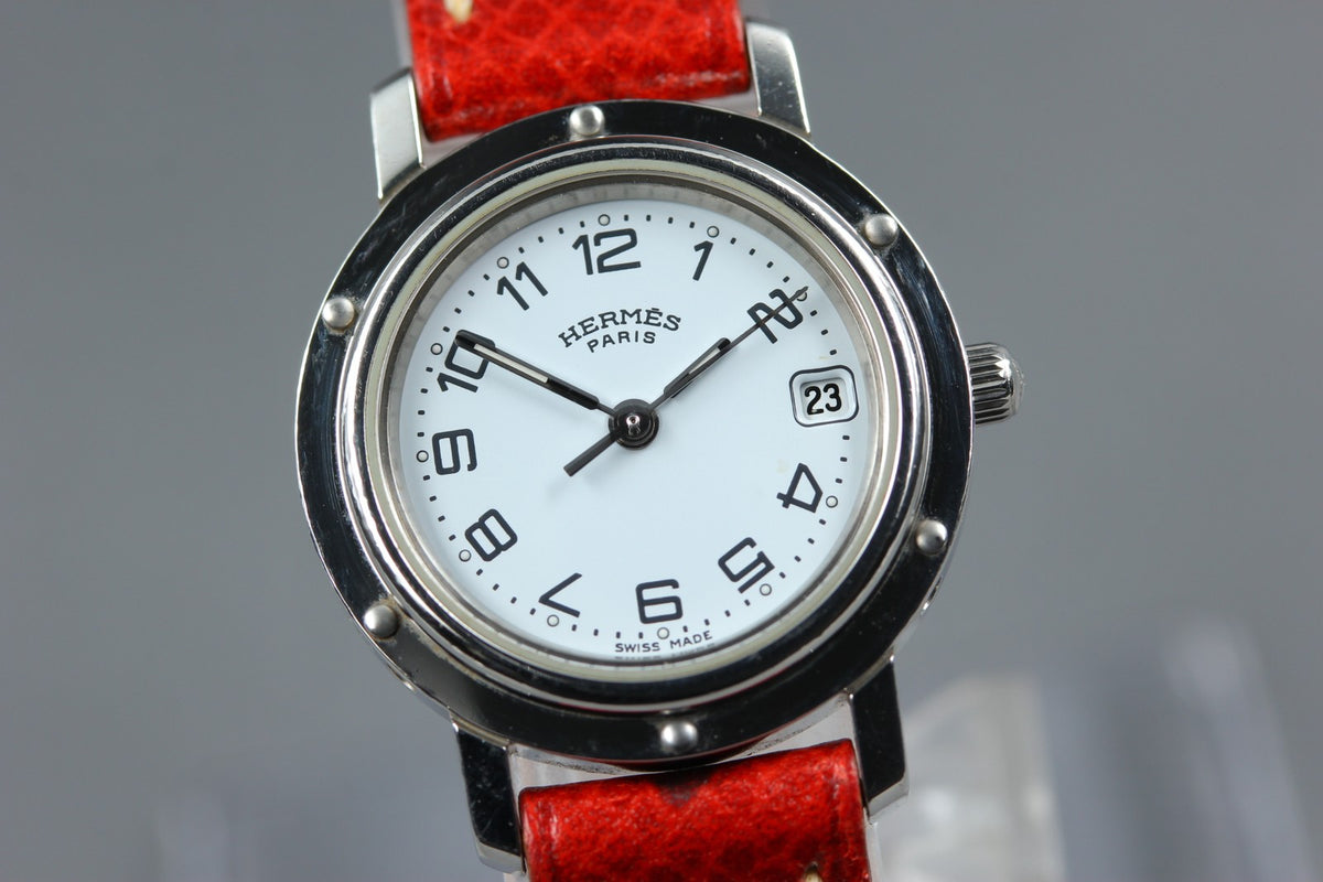 HERMES Clipper CL4.210 Date White Dial Red "E" 24mm Woman's Quartz Watch [Box]