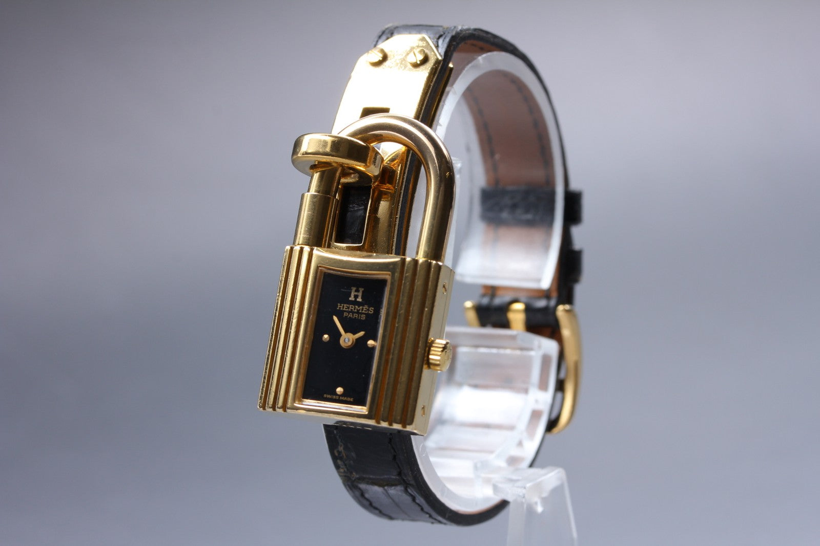 Vintage [Exc+5 Box] HERMES Kelly Watch Gold Black Leather "U" Woman's Qz Watch
