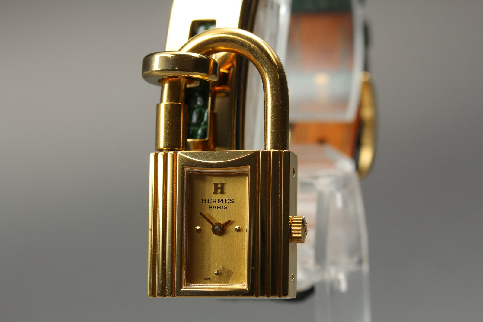 Overhauled [Exc+5 Box] HERMES Kelly Watch Gold Green "S" Woman's Quartz Watch