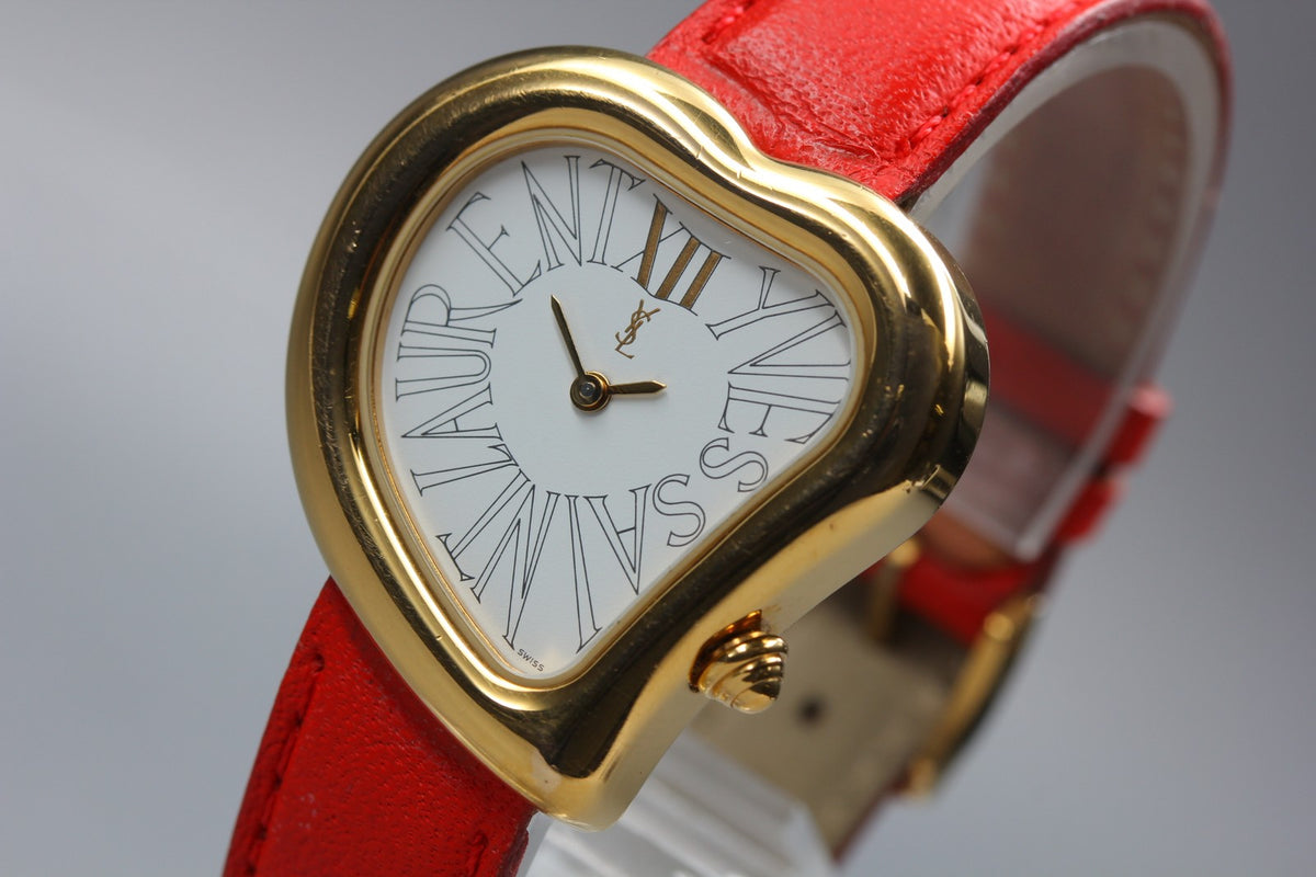 Yves Saint Laurent Heart Gold Red Leather 30mm Women's Watch Quartz Vintage