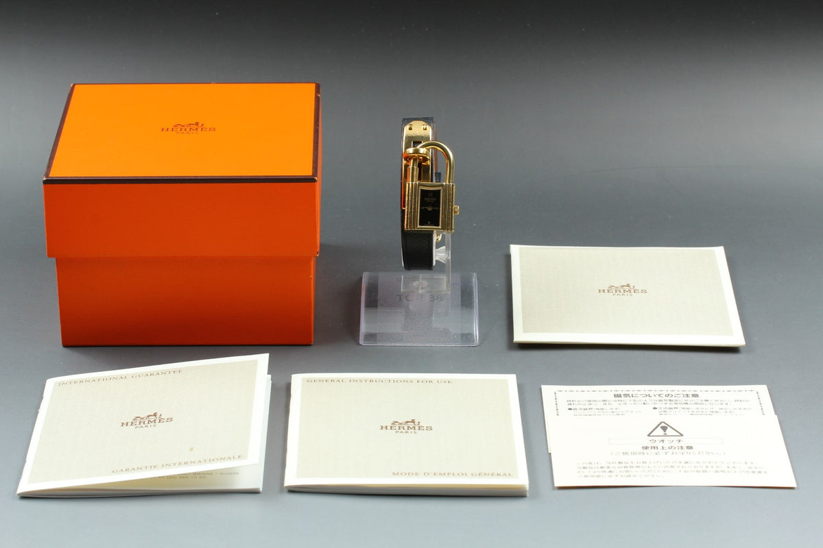 HERMES Kelly Watch Gold Black Leather "A" Woman's Quartz Watch Vintage [Box]