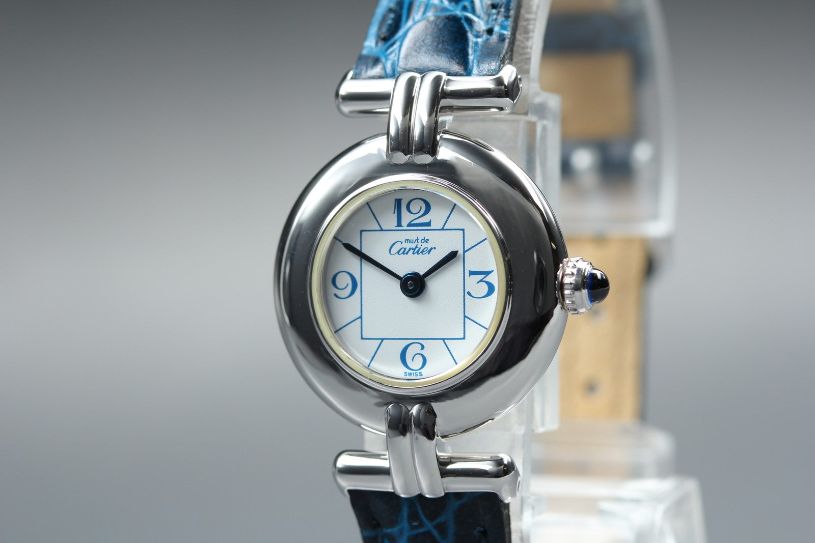 [Overhauled] Cartier Must Colisee Vermeil 2411 Silver Blue Womens Qz Watch Pouch