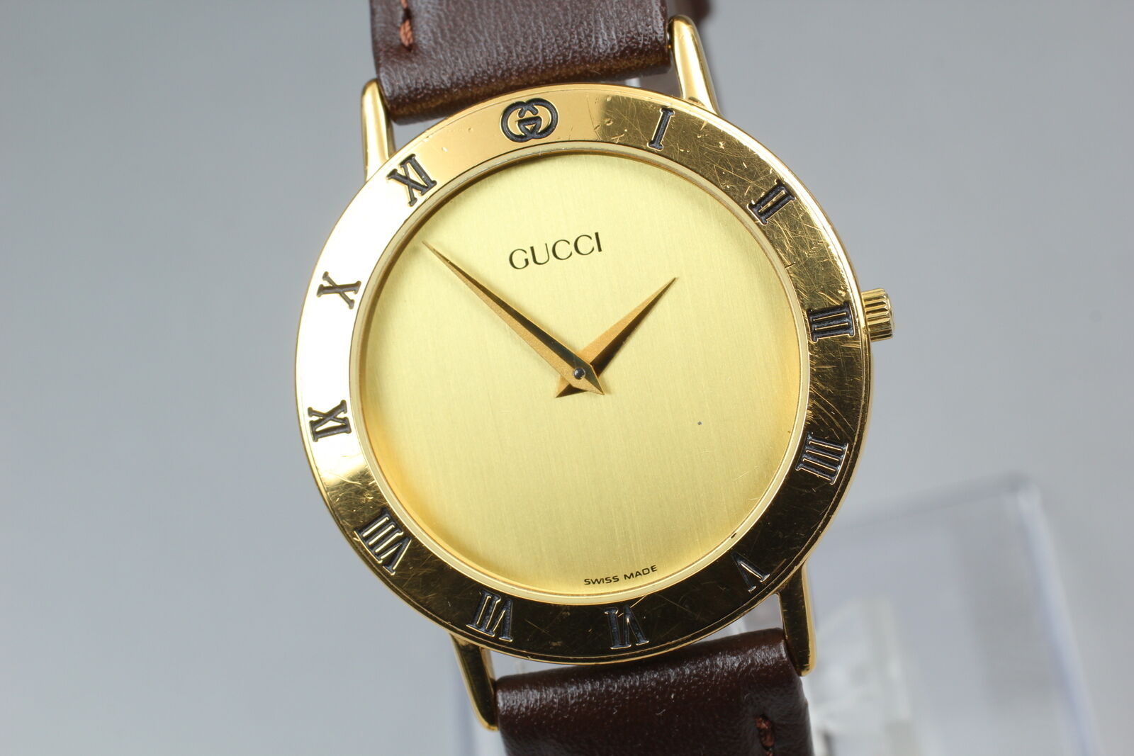 New Battery [Exc+5 Box] Gucci 3000.2.M Gold Brown Men's Quartz Watch Vintage JP