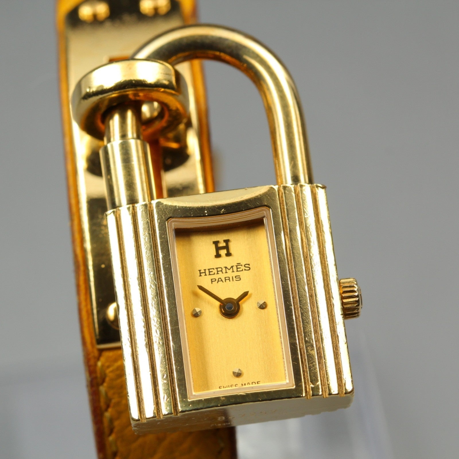 Vintage HERMES Kelly Stainless Gold Dial Quartz Women's Watch 20mm JAPAN Box