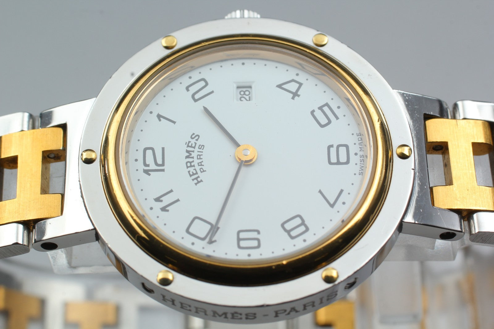 Vintage [Exc+5 Box] Hermes Clipper 30mm White Dial Gold Unisex Watch Quartz