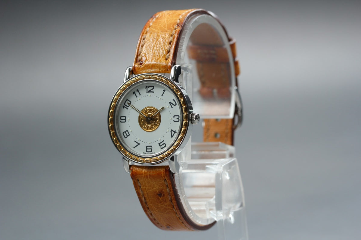 HERMES Sellier SE4.220 White Dial Brown 24mm Woman's Quartz Watch Vintage