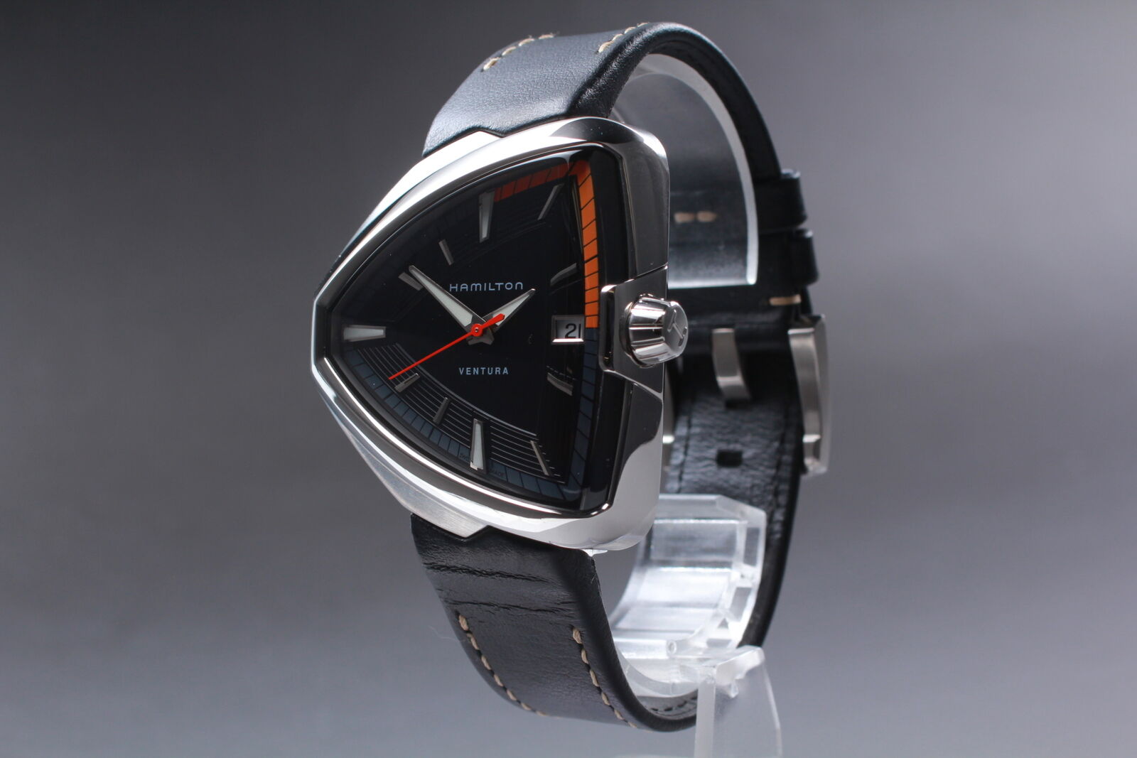 New Battery [Near MINT-] HAMILTON Ventura H245510 Black Quartz Men's Watch JAPAN