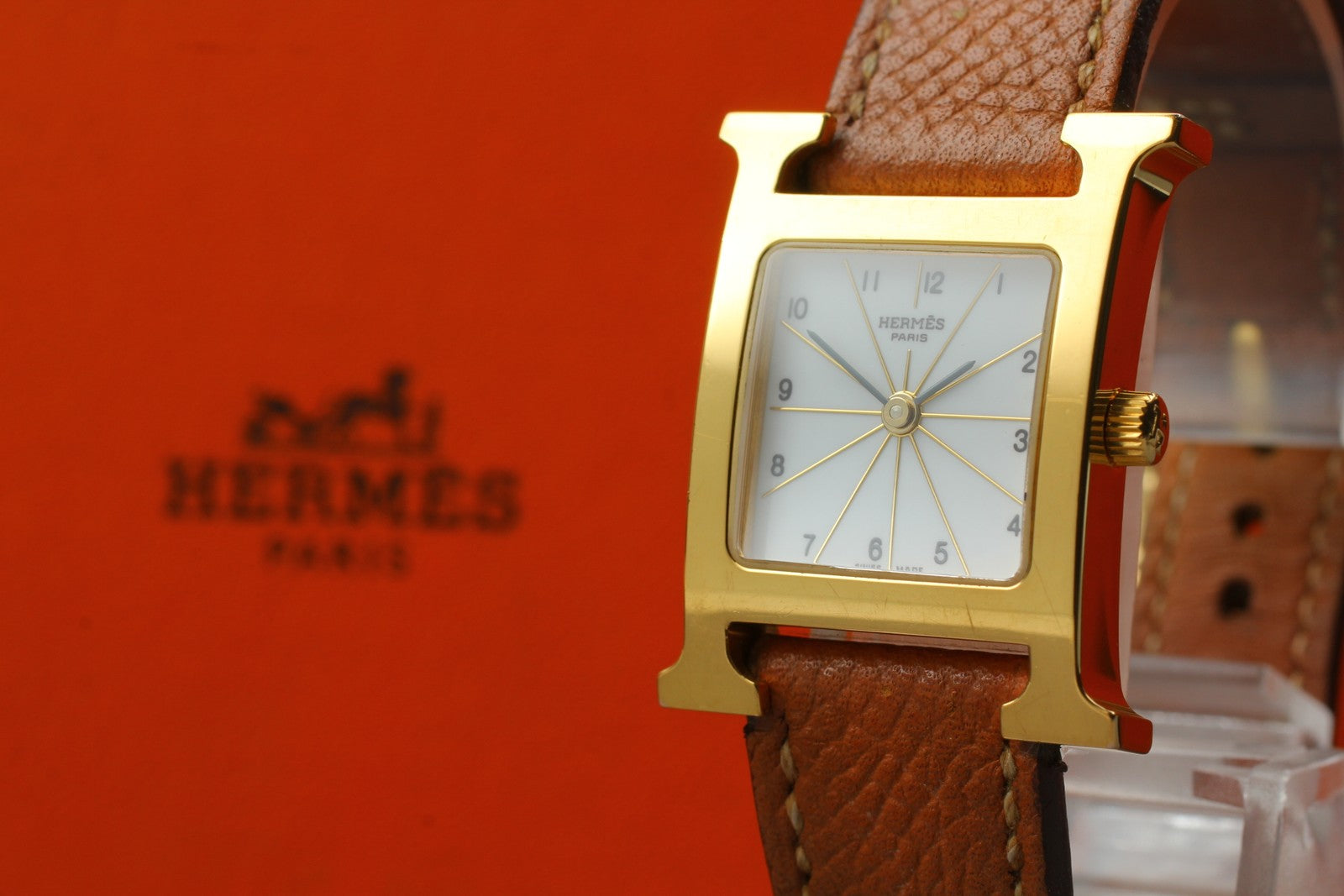 [Exc+4 Box] HERMES H Watch HH1.201 Gold Brown  "L" Woman's Watch Quartz JAPAN
