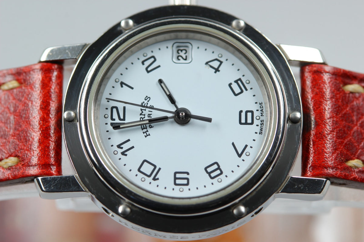 HERMES Clipper CL4.210 Date White Dial Red "E" 24mm Woman's Quartz Watch [Box]