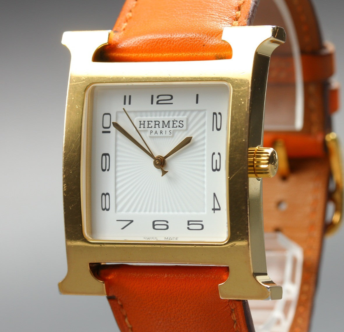 HERMES H Watch HH1.801 White Dial Gold Orange Leather Man's Watch Quartz