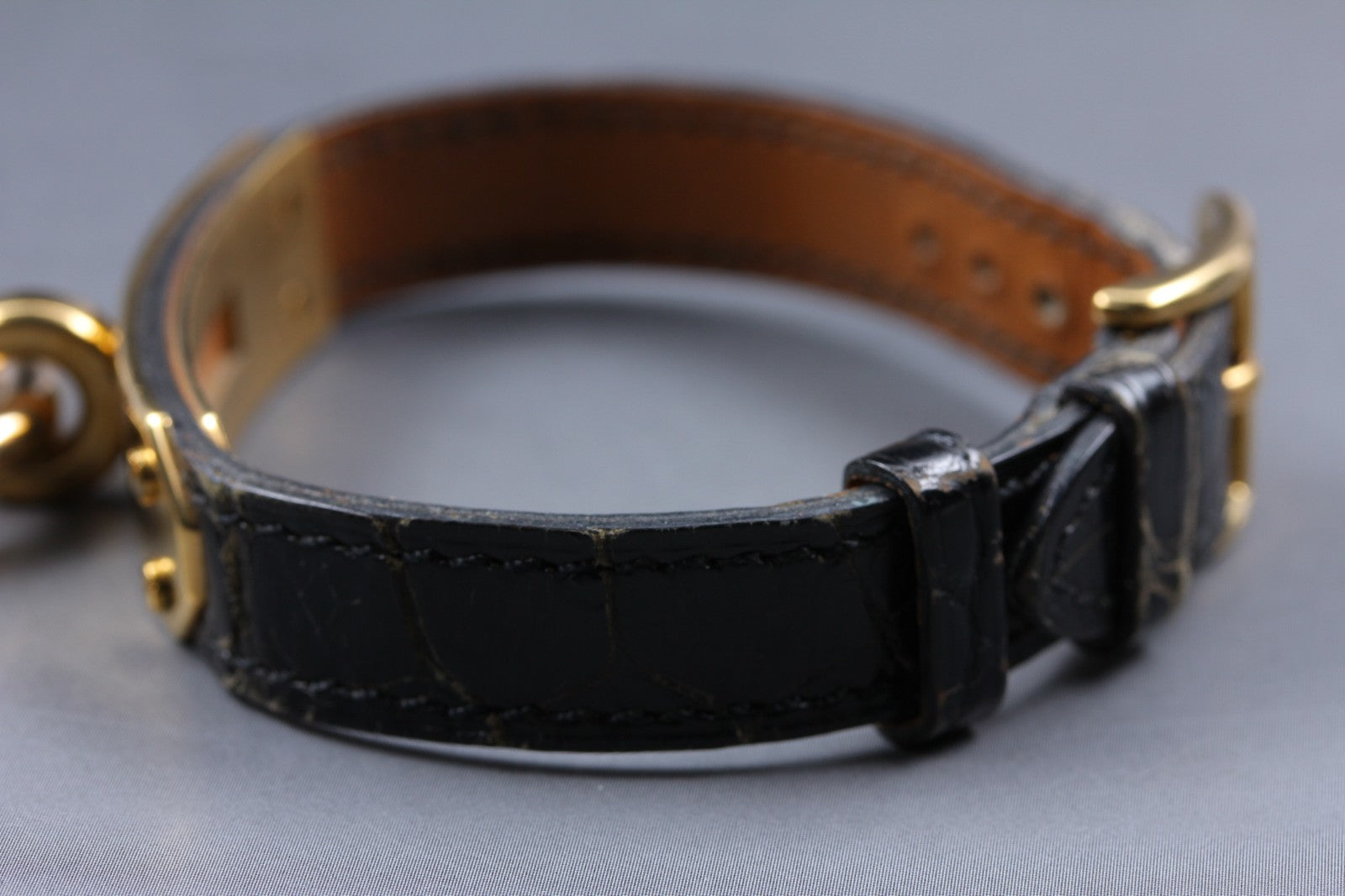 Vintage [Exc+5 Box] HERMES Kelly Watch Gold Black Leather "U" Woman's Qz Watch