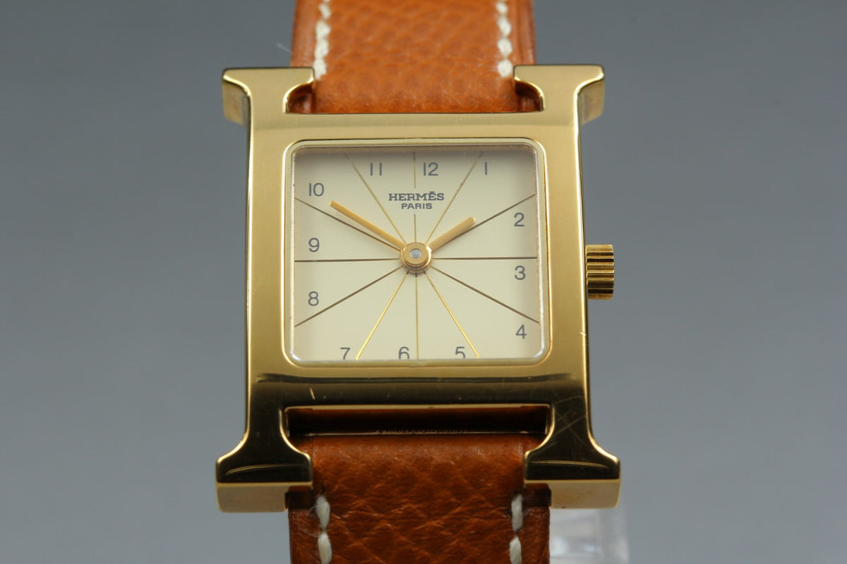 HERMES H Watch Gold Ivory Dial Brown Leather "Y" Woman's Watch Quartz [Box]