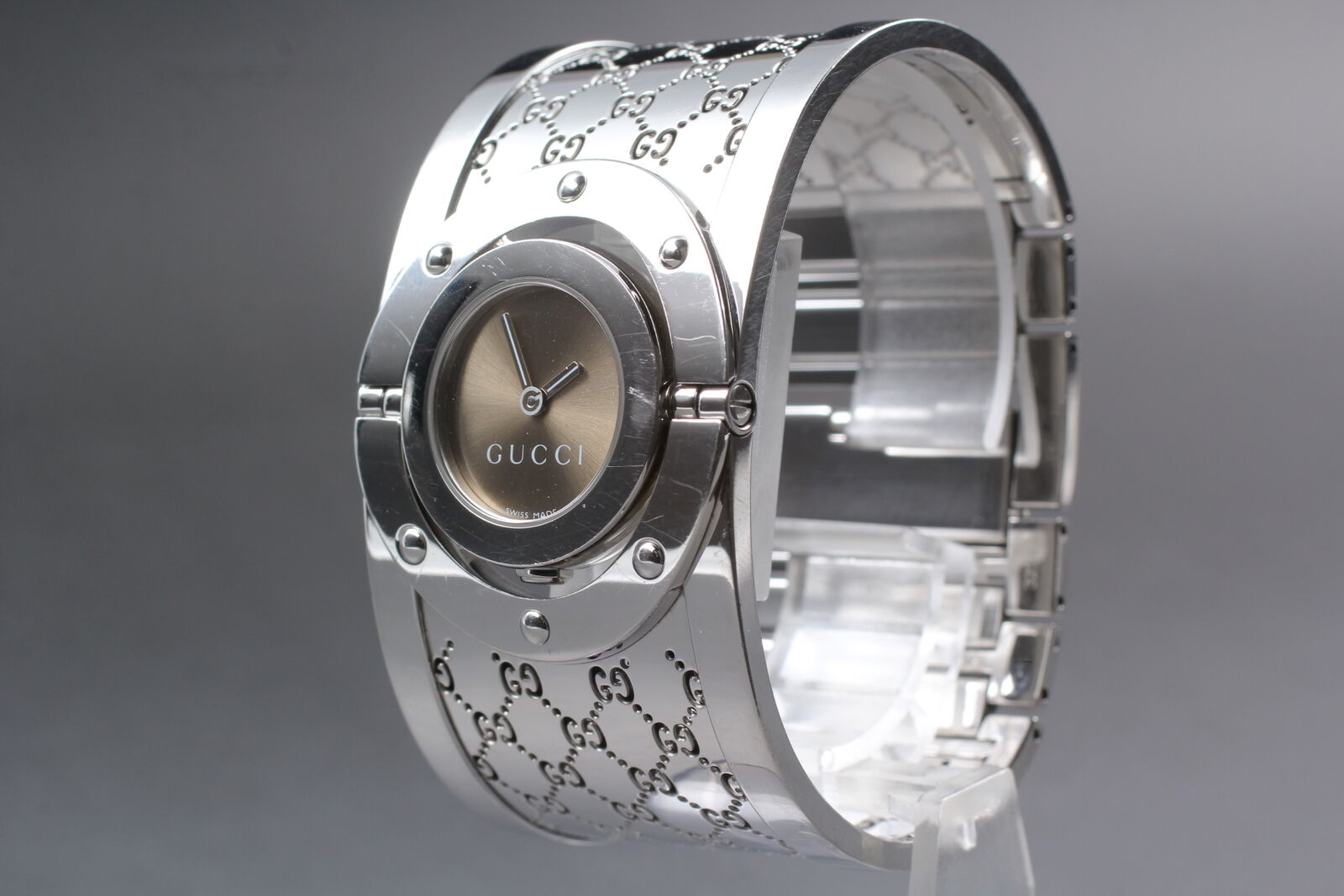 [Exc+5 w/Box] GUCCI 112 Twirl Bracelet Bangle Brown Woman's Quartz Watch JAPAN