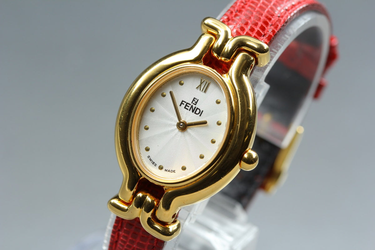 FENDI 640L Chameleon Red Leather Belt Gold 24mm Women's Quartz Watch Vintage