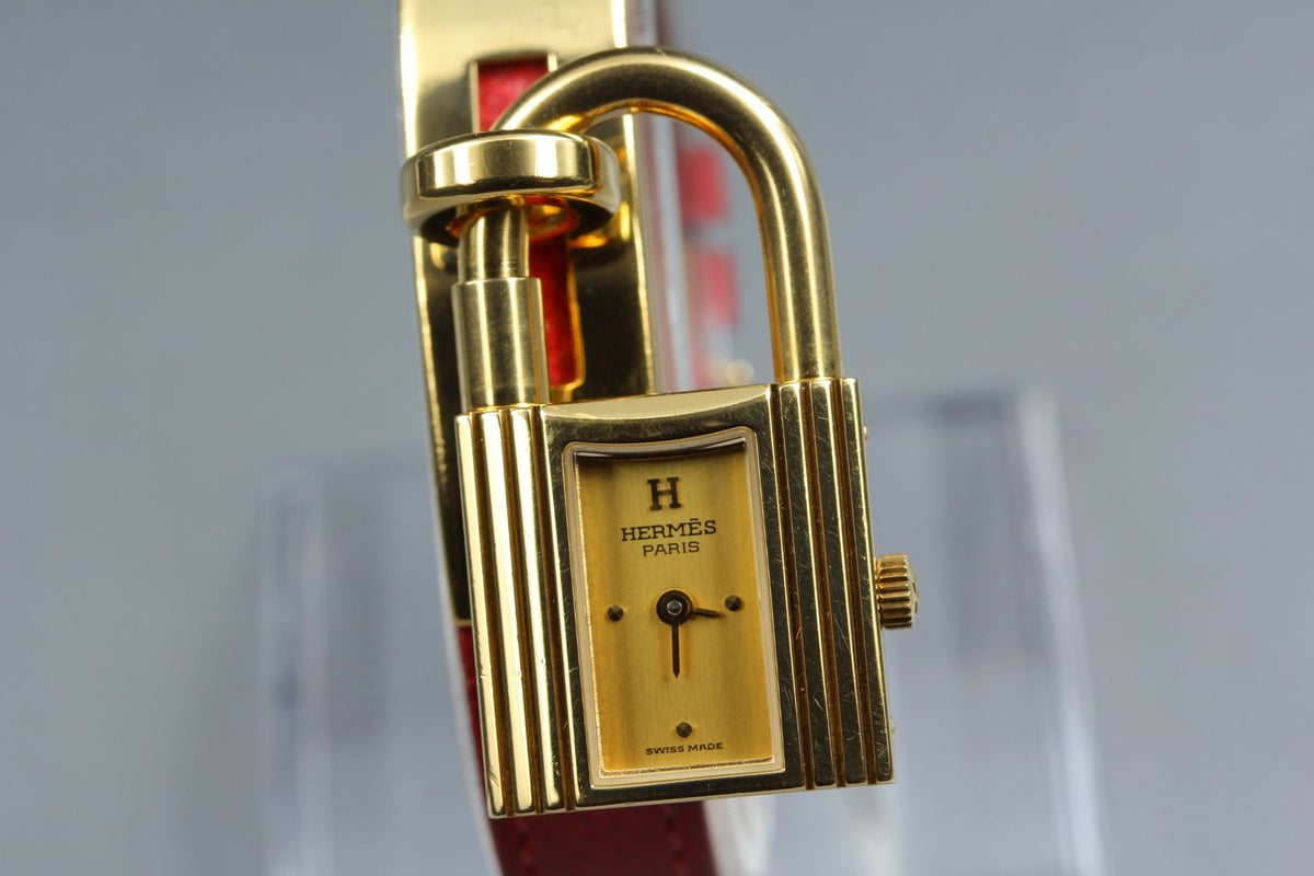 [Overhauled] HERMES Kelly Watch Gold Dial Red Leather "W" Woman's Watch Quartz