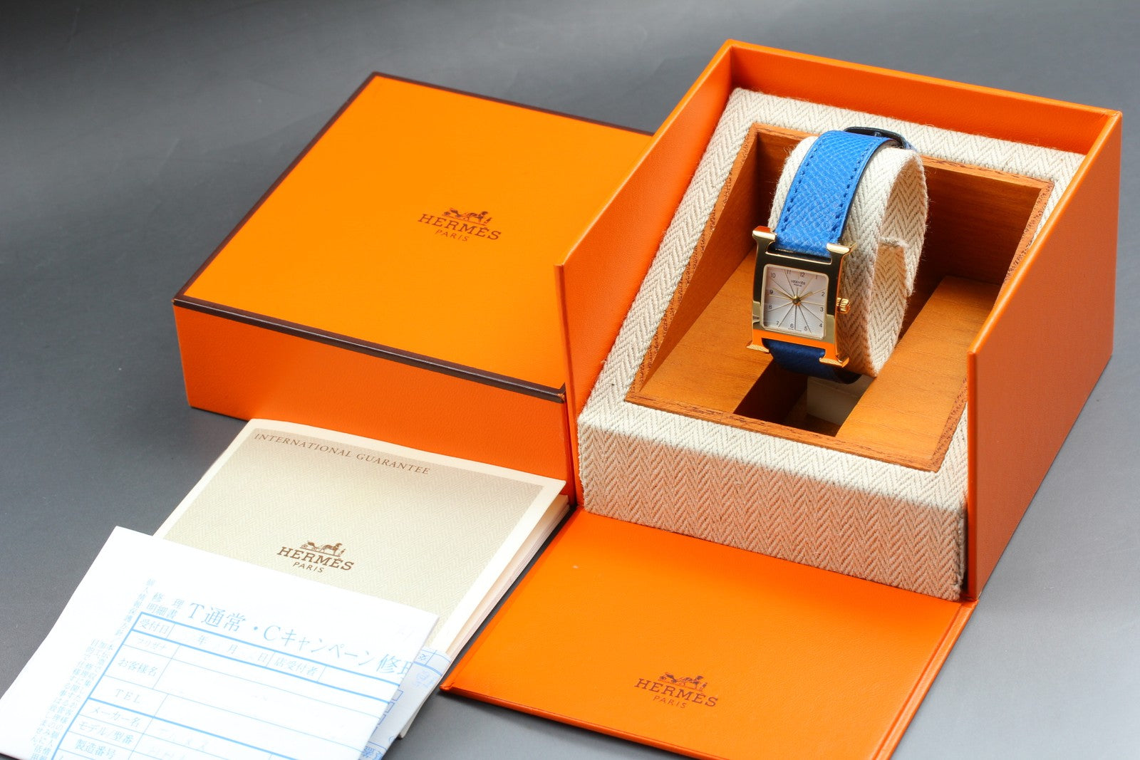 [Overhauled] HERMES H Watch HH1.201 Gold Blue "B" Woman's Watch Quartz Box