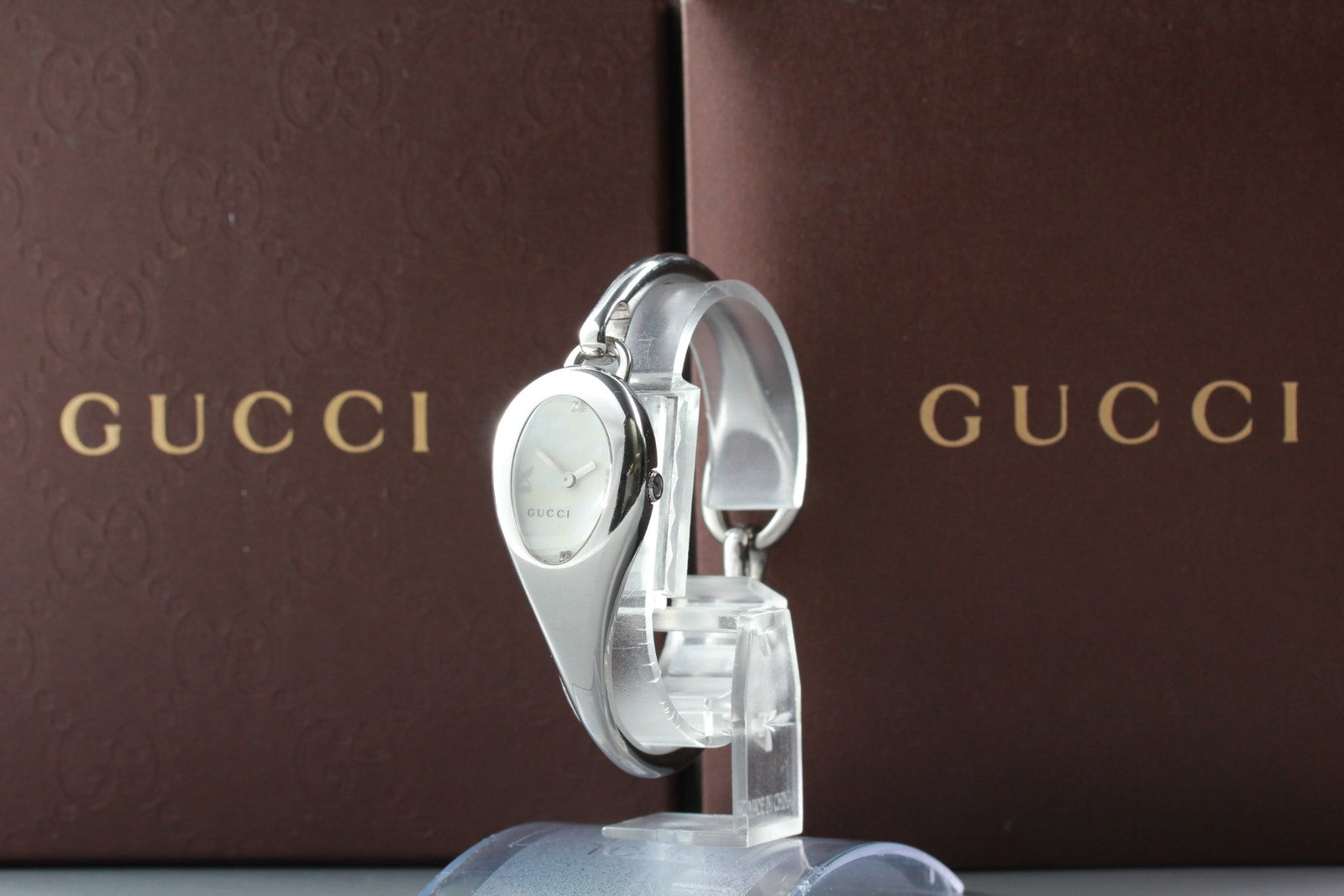 Vintage [Exc+5 Box] Gucci 103 Horsebit 2P Diamond Floral Silver Woman's Qz Watch