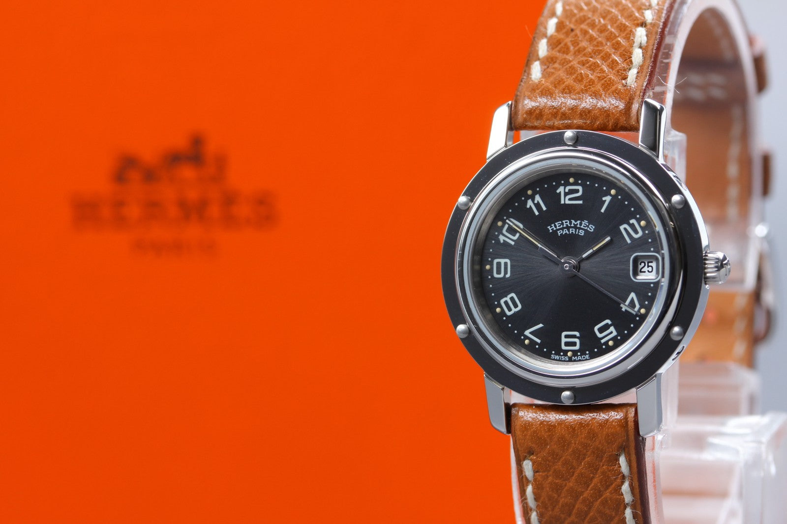 [Near MINT- Box] Hermes Clipper CL4.210 Black Dial 24mm "Z" Woman's Qz Watch
