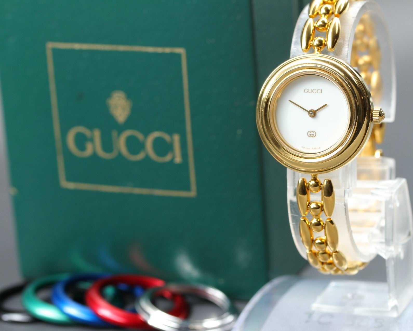 GUCCI Change Bezel 11/12 6 Colors Gold Bracelet Qz Woman’s Watch Vintage [Box]
