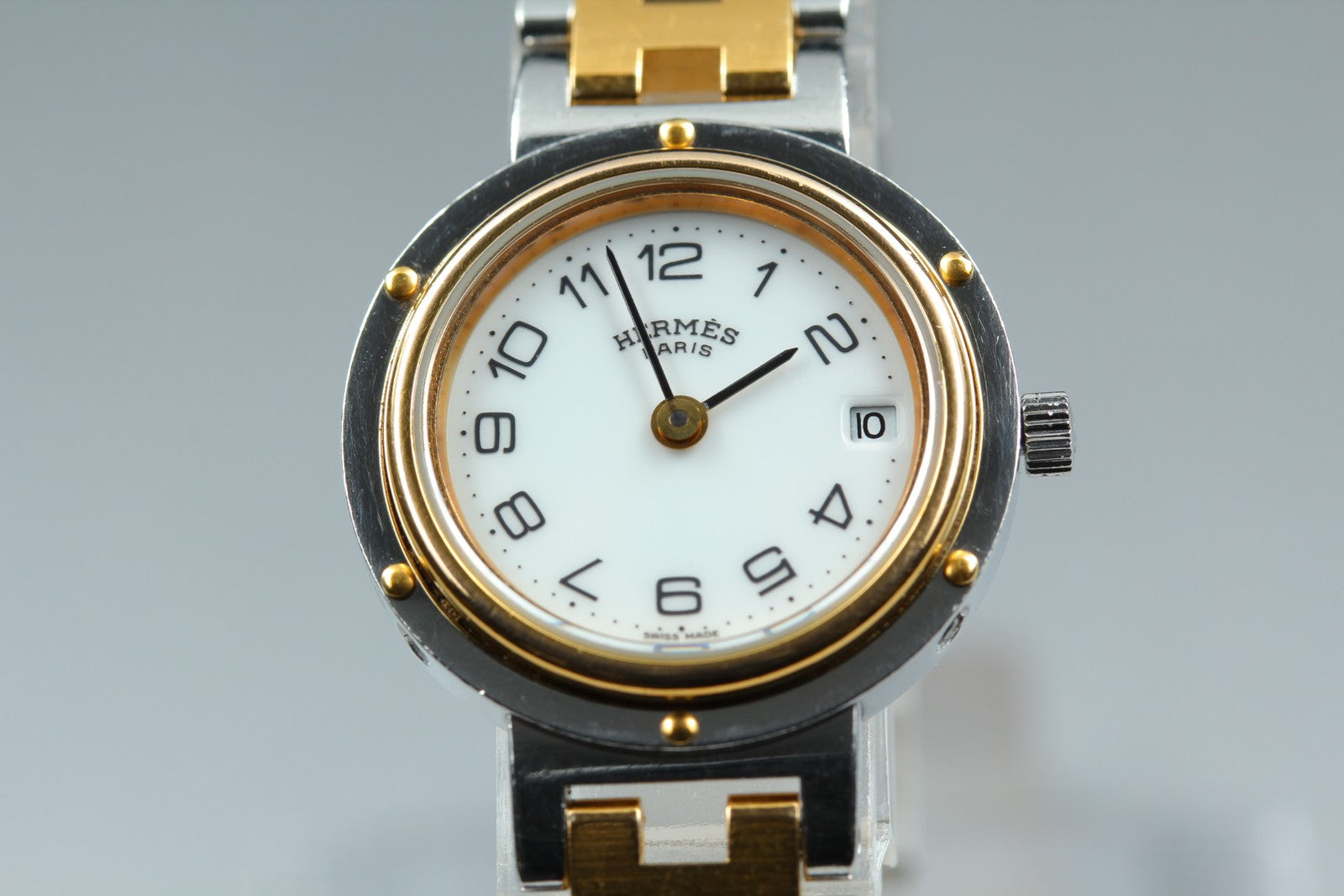 Vintage [Exc+5 Box] Hermes Clipper 24mm White Dial Gold Woman's Watch Quartz