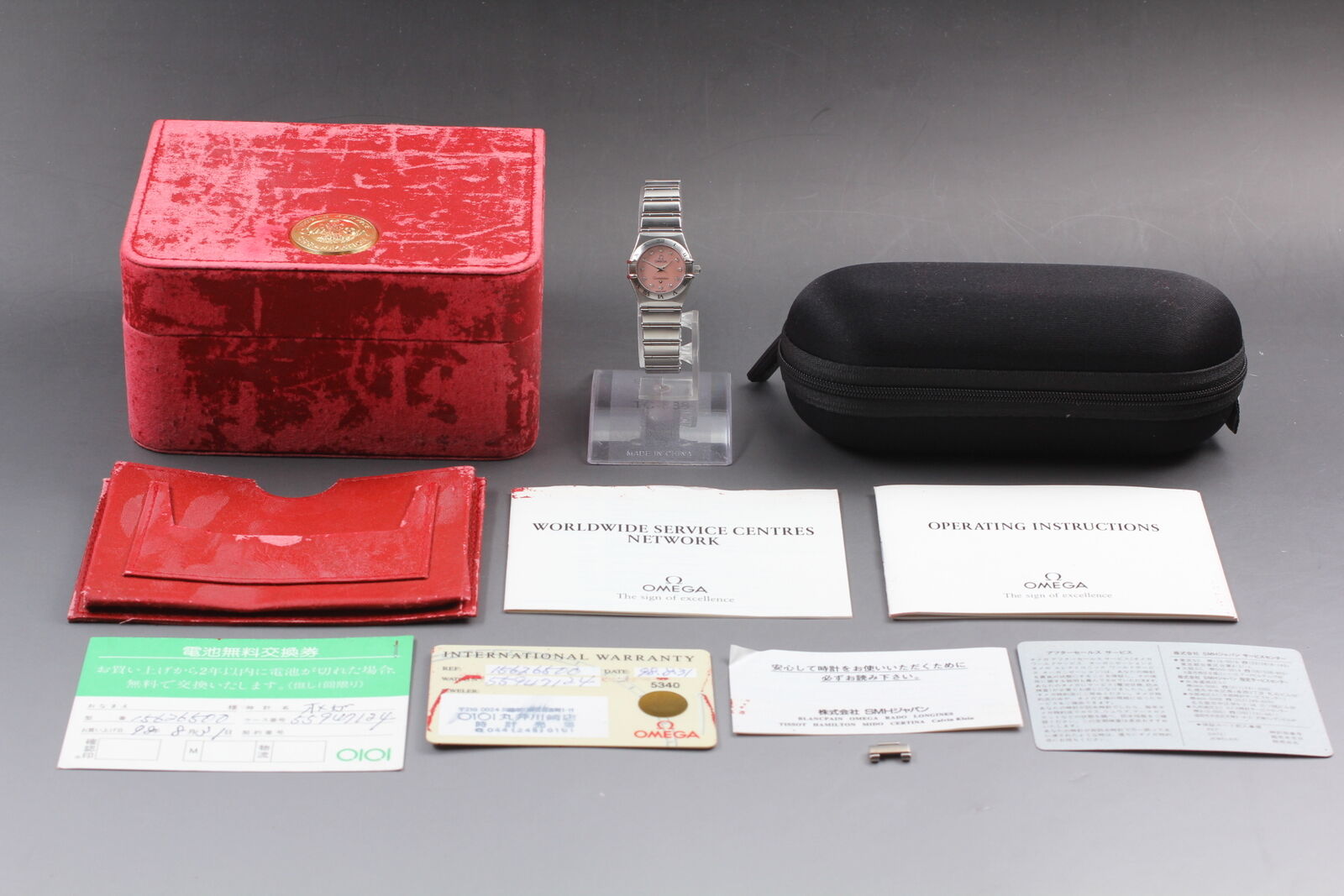 New Battery Exc+5 Box Omega Constellation Mini 1562.65 Pink Shell Qz Women Watch