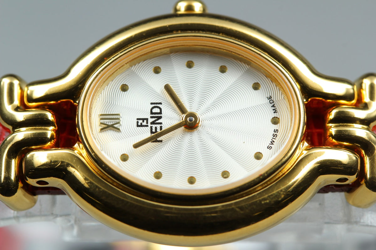 FENDI 640L Chameleon Red Leather Belt Gold 24mm Women's Quartz Watch Vintage
