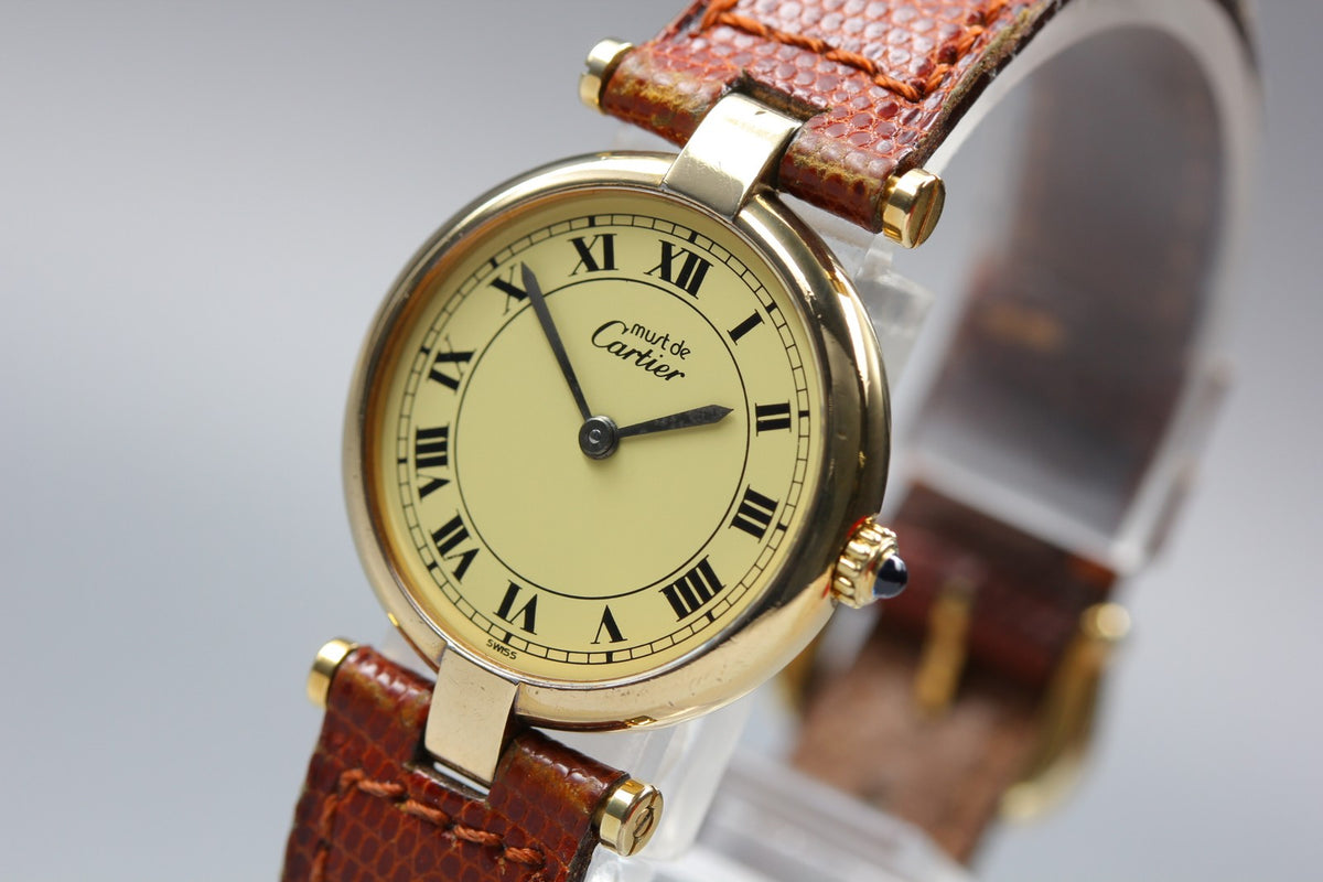 Cartier Must Vendome Vermeil Gold Brown 24mm Women's Quartz Watch Vintage [Box]