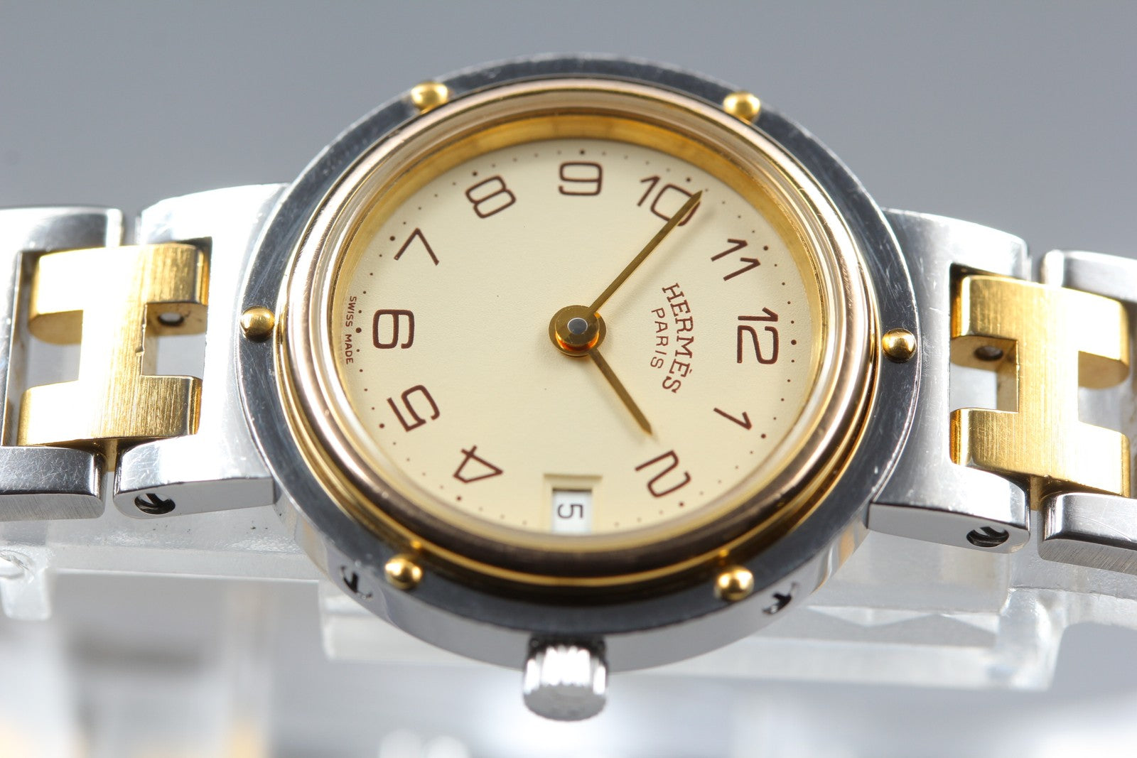 Vintage Hermes Clipper 24mm Ivory Dial Gold Woman's Watch Quartz [w /Box]