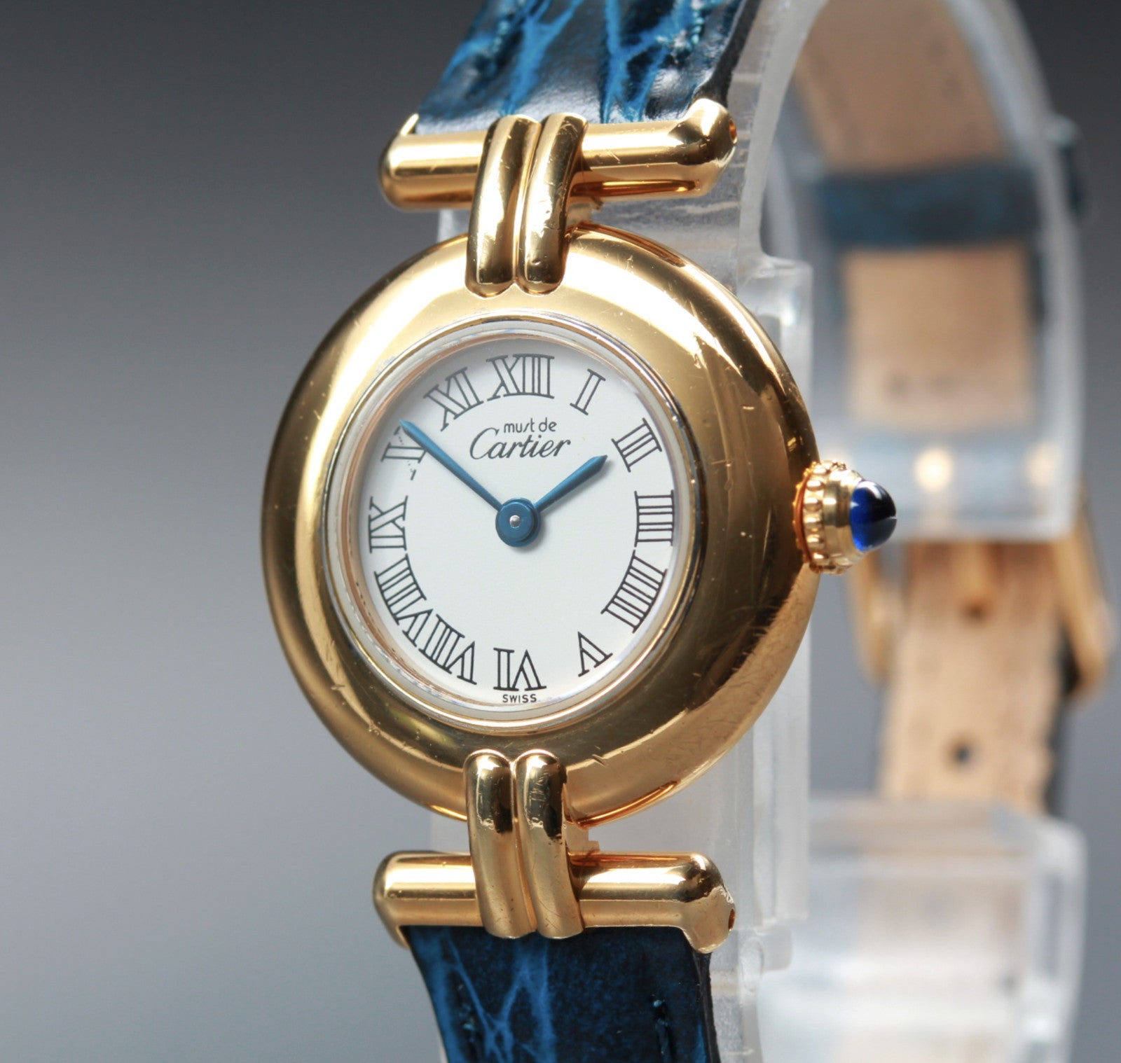 Vintage [Exc+5] Cartier Must Colisee Vermeil 2410 Gold Blue Women's Quartz Watch