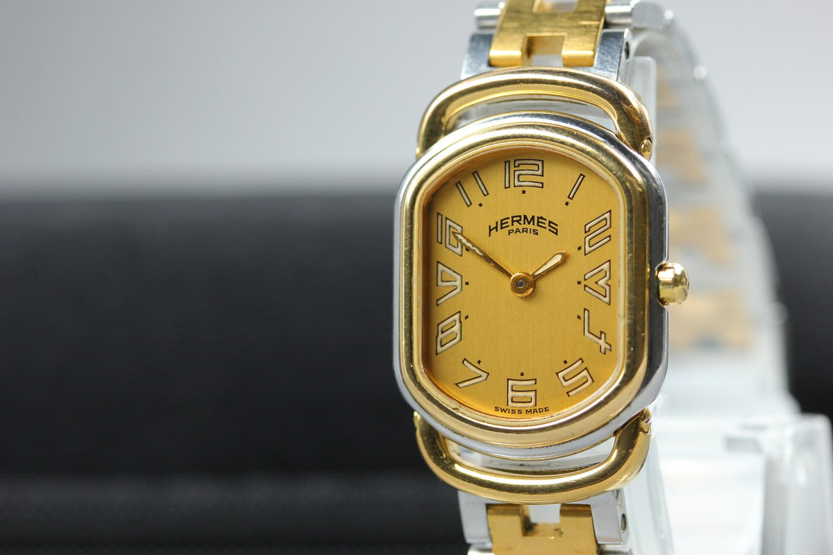 New Batt HERMES Rally Quartz Gold Dial Women's Watch 20mm From JAPAN